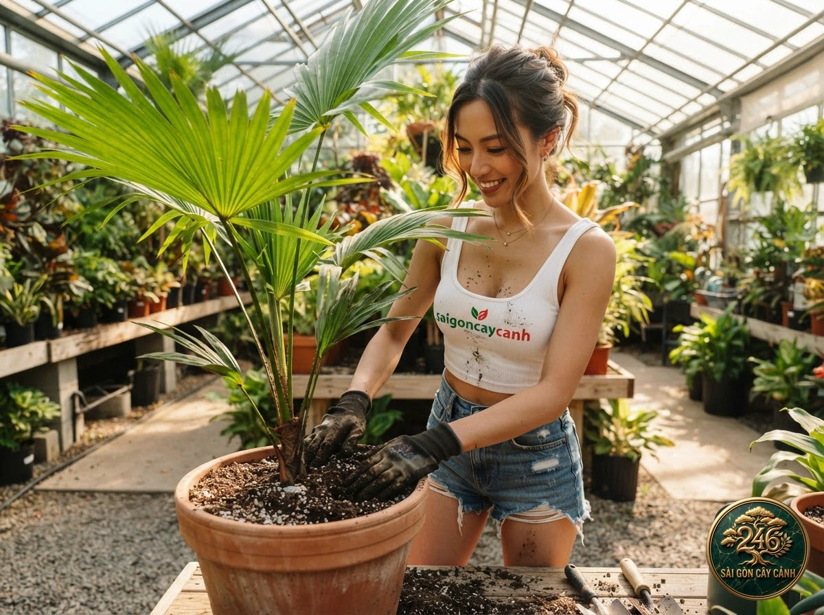 Khoảnh khắc chăm sóc Cây cọ dầu rừng gai nhọn saribus (Livistona saribus) tại vườn ươm Sài Gòn Cây Cảnh