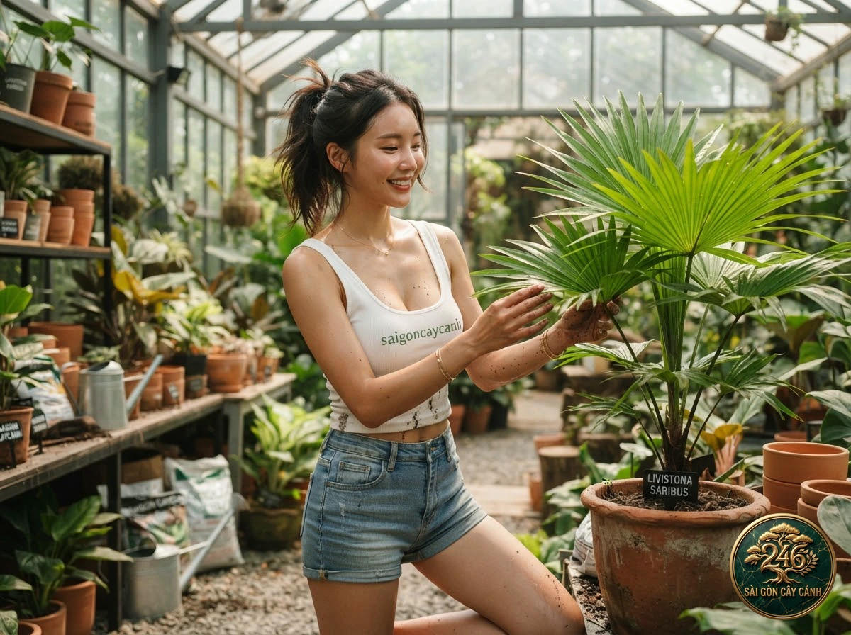 Khoảnh khắc chăm sóc Cây cọ quạt bắp cải úc đại lợi (Livistona australis) tại vườn ươm Sài Gòn Cây Cảnh