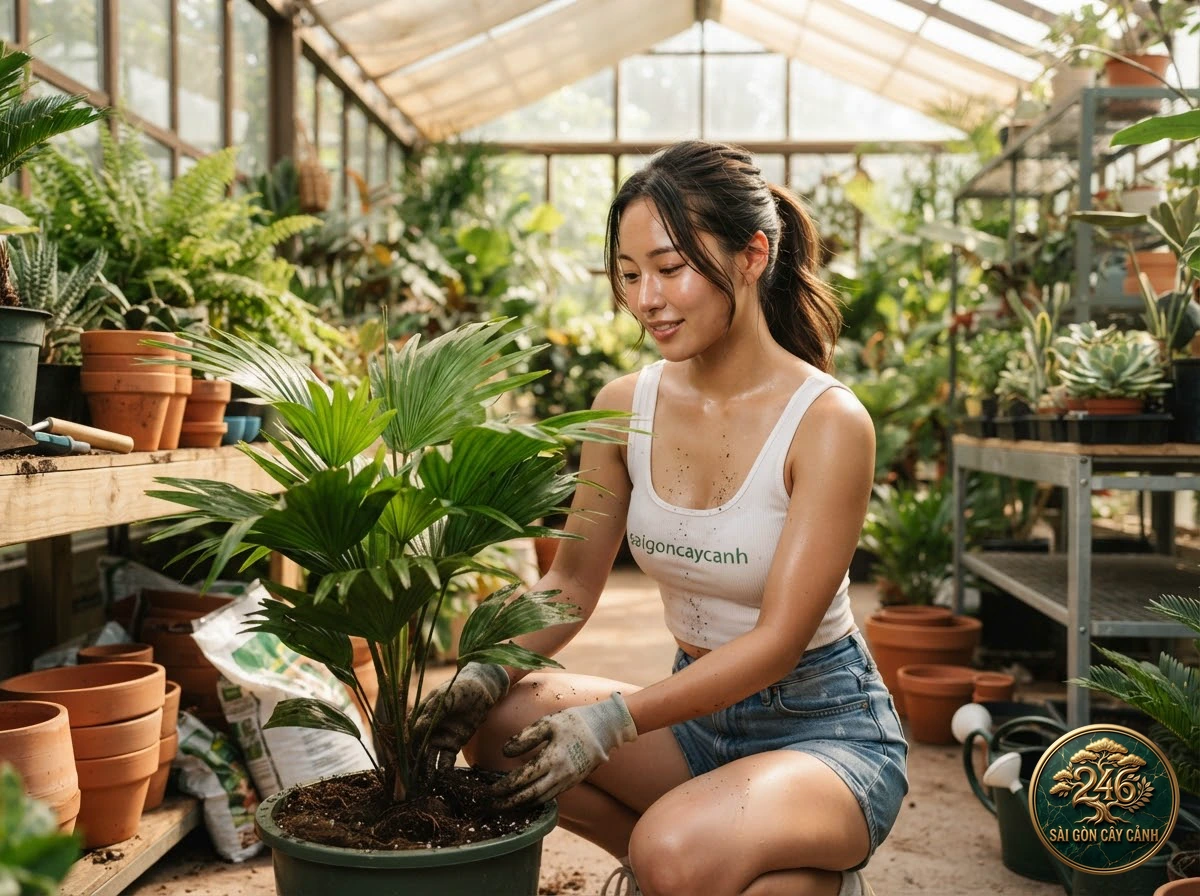 Khoảnh khắc chăm sóc Cây cọ quy tròn nón quạt xếp ly (Licuala grandis) tại vườn ươm Sài Gòn Cây Cảnh