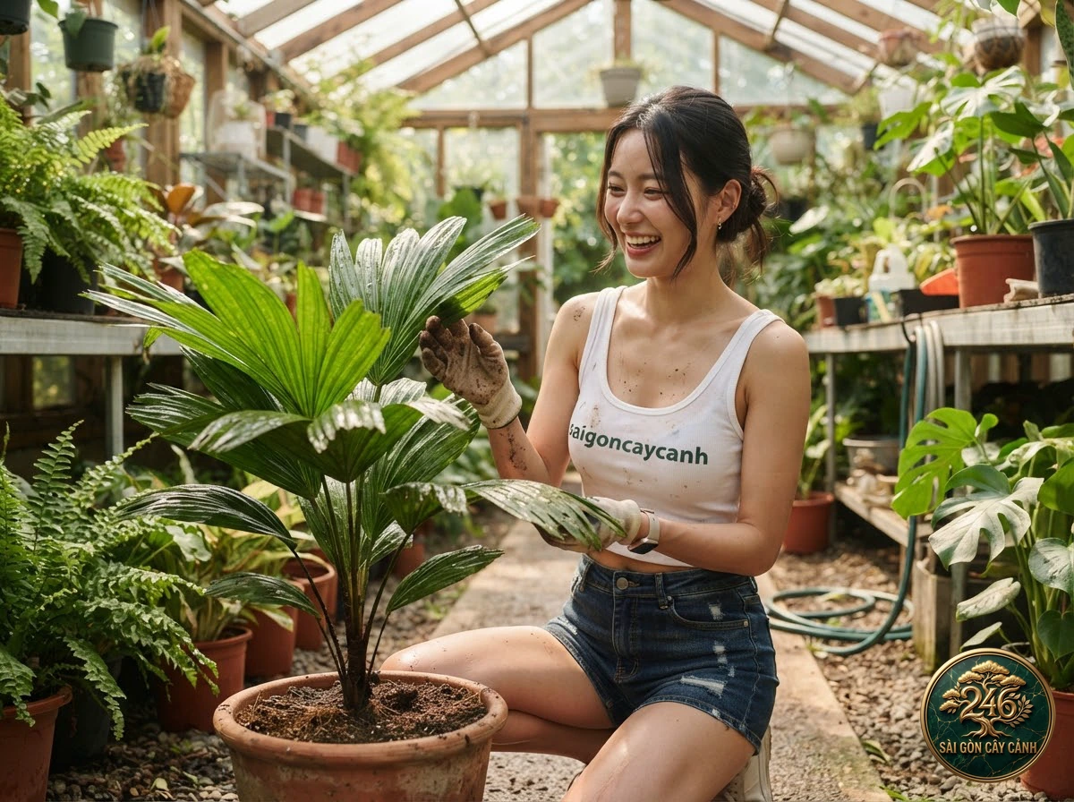 Khoảnh khắc chăm sóc Cây cọ khiên quạt nguyên phiến (Licuala peltata) tại vườn ươm Sài Gòn Cây Cảnh