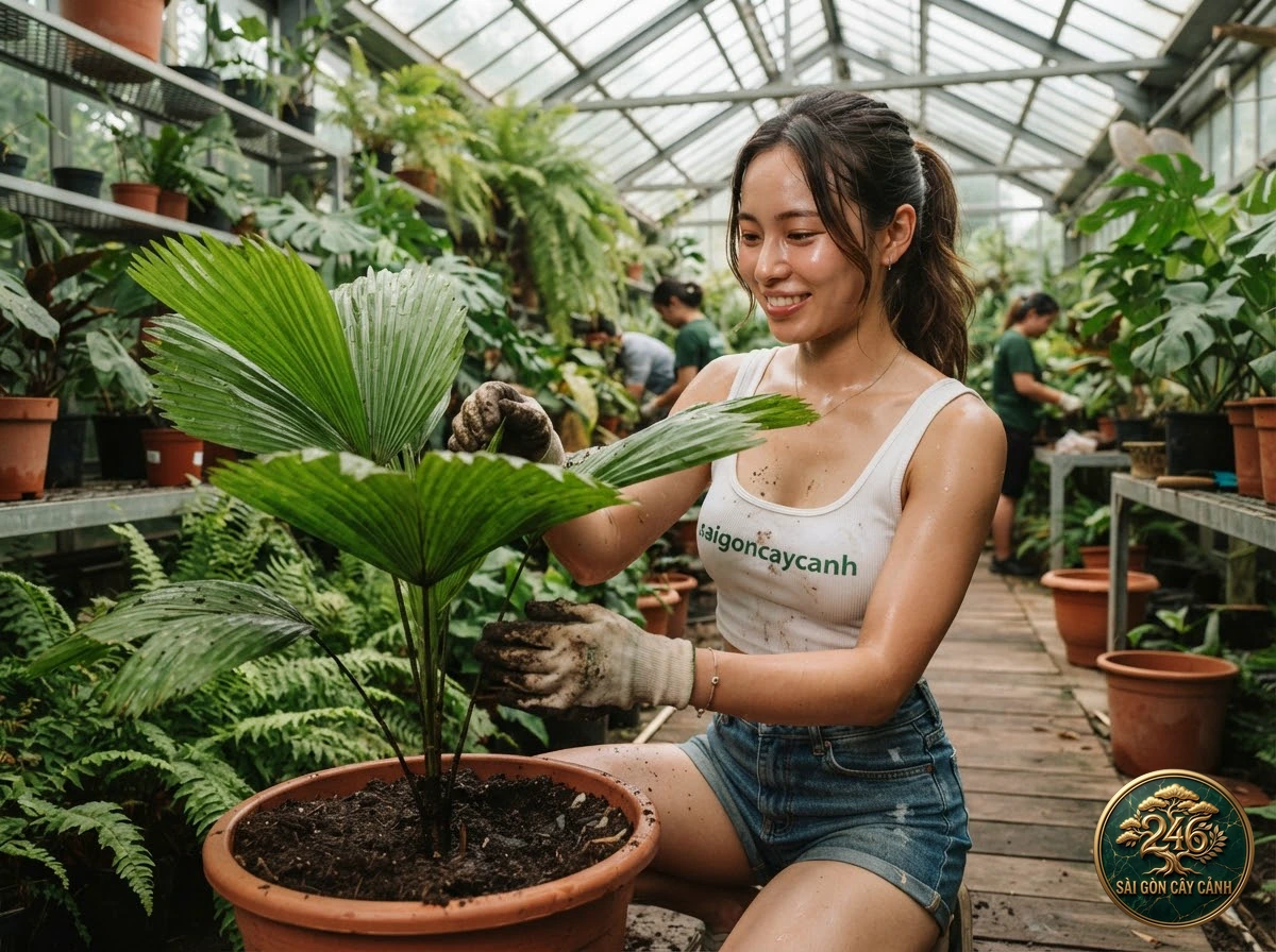 Khoảnh khắc chăm sóc Cây cọ lá xẻ gai bờ biển ngập mặn (Licuala spinosa) tại vườn ươm Sài Gòn Cây Cảnh