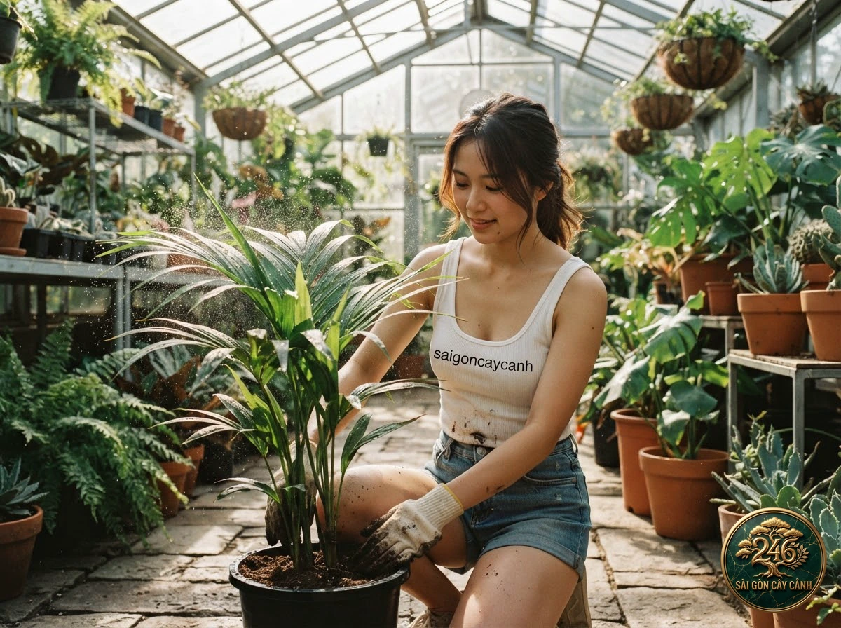 Khoảnh khắc chăm sóc Cây cọ cảnh kentia phòng khách sang (Howea forsteriana) tại vườn ươm Sài Gòn Cây Cảnh
