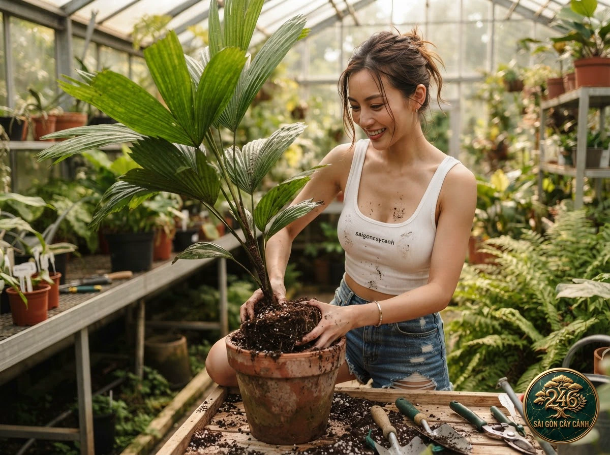 Hands-on plant care moments with Alexander palm (Archontophoenix alexandrae) at Saigon Cay Canh
