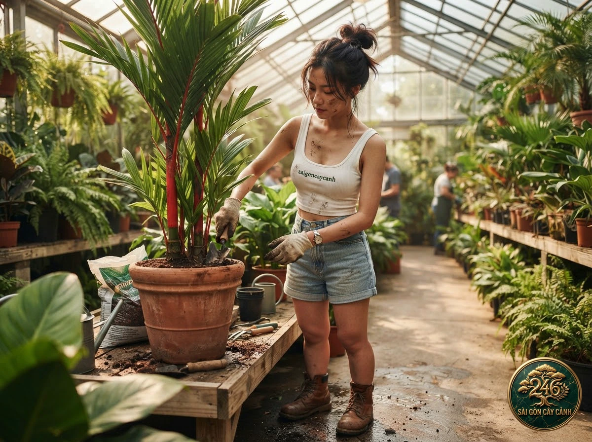Khoảnh khắc chăm sóc Cây cau vua montgomery thanh thoát (Veitchia arecina) tại vườn ươm Sài Gòn Cây Cảnh
