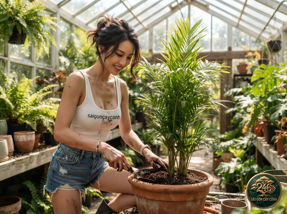 Khoảnh khắc chăm sóc Cây cọ đuôi chồn tán xum xuê (Wodyetia bifurcata) tại vườn ươm Sài Gòn Cây Cảnh