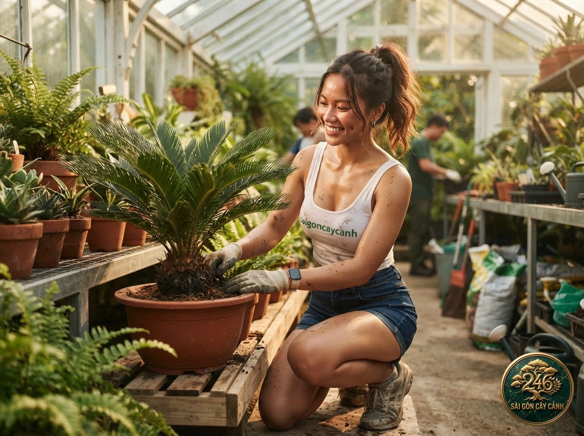 Hands-on plant care moments with Sago palm (Cycas revoluta) at Saigon Cay Canh