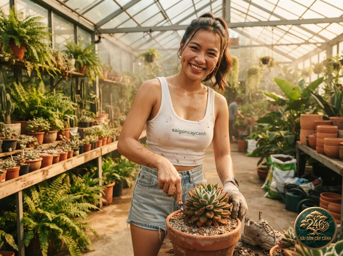 Khoảnh khắc chăm sóc Sen đá móng rồng nhọn đầu đỏ (Echeveria agavoides) tại vườn ươm Sài Gòn Cây Cảnh