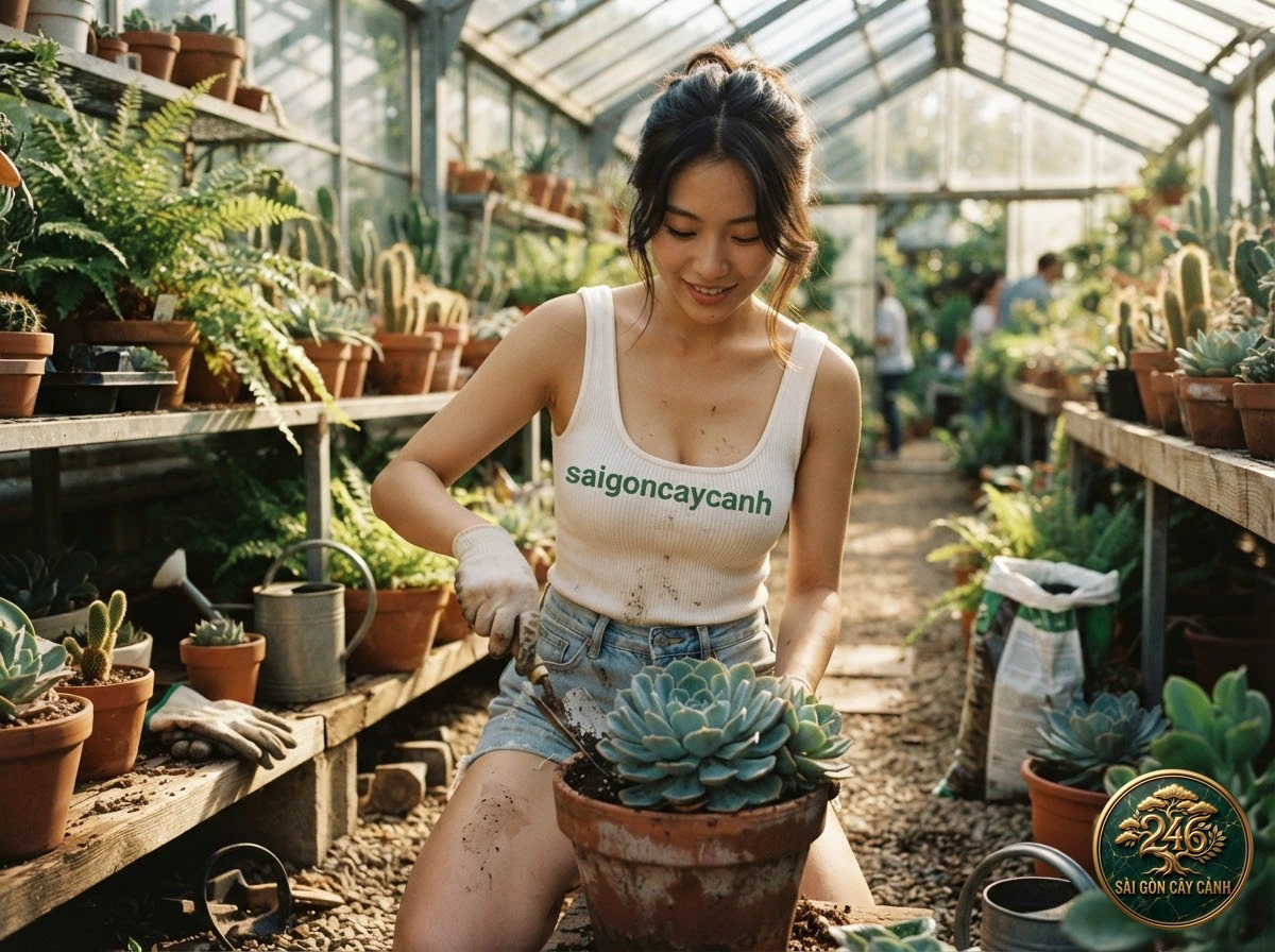 Hands-on plant care moments with Laui echeveria (Echeveria laui) at Saigon Cay Canh