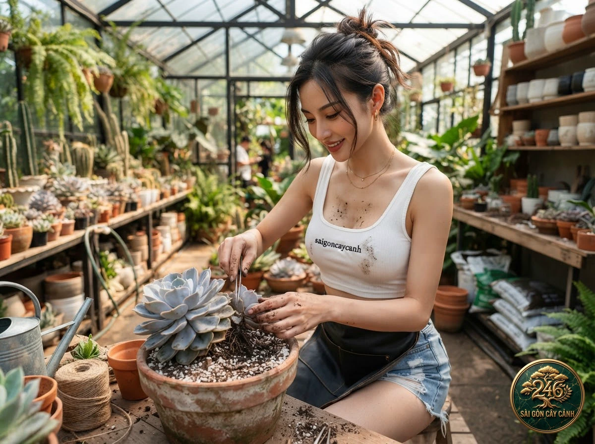 Hands-on plant care moments with Red edge echeveria (Echeveria subrigida) at Saigon Cay Canh