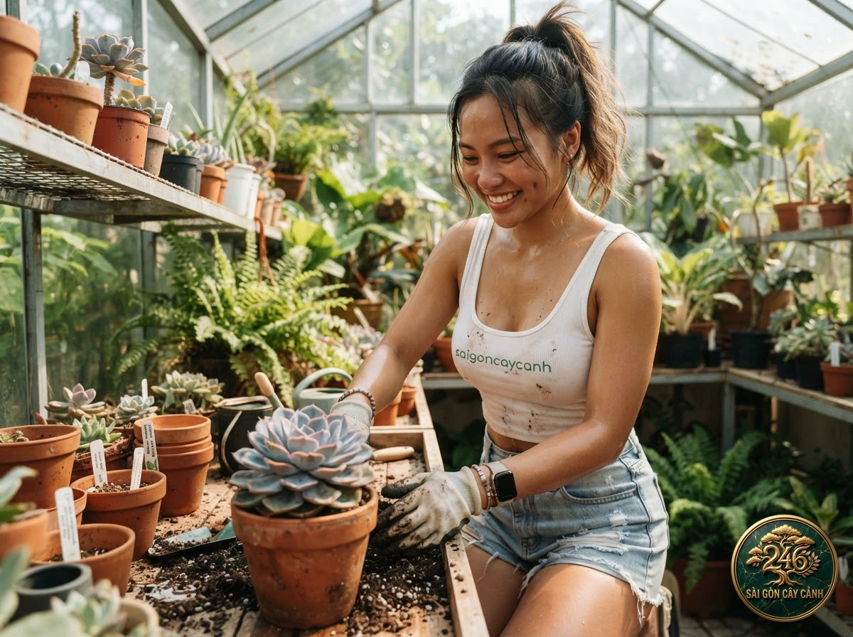 Hands-on plant care moments with Senile star cactus (Astrophytum senile) at Saigon Cay Canh