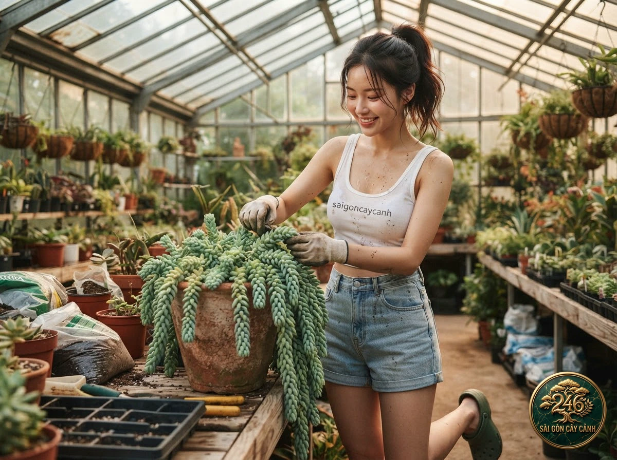 Khoảnh khắc chăm sóc Sen đá nhung lông trắng tơ (Echeveria setosa) tại vườn ươm Sài Gòn Cây Cảnh