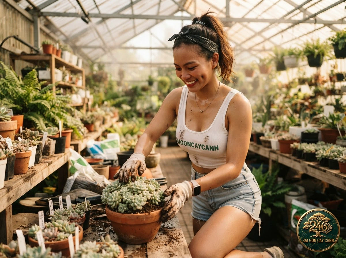 Hands-on plant care moments with Topsy turvy echeveria (Echeveria runyonii) at Saigon Cay Canh