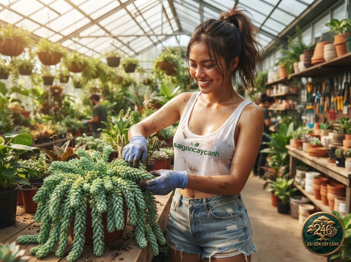 Khoảnh khắc chăm sóc Sen đá hoa hồng đá trắng (Sedum clavatum) tại vườn ươm Sài Gòn Cây Cảnh