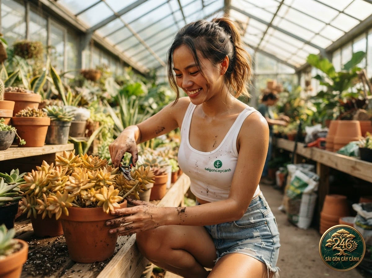 Khoảnh khắc chăm sóc Sen đá lá muỗng thìa bạc (Sedum spathulifolium) tại vườn ươm Sài Gòn Cây Cảnh