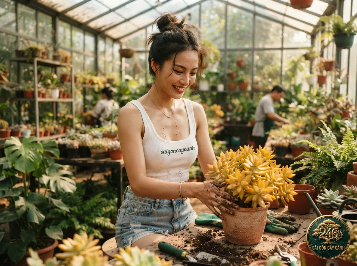 Khoảnh khắc chăm sóc Sen đá cành tùng bách xanh (Sedum reflexum) tại vườn ươm Sài Gòn Cây Cảnh