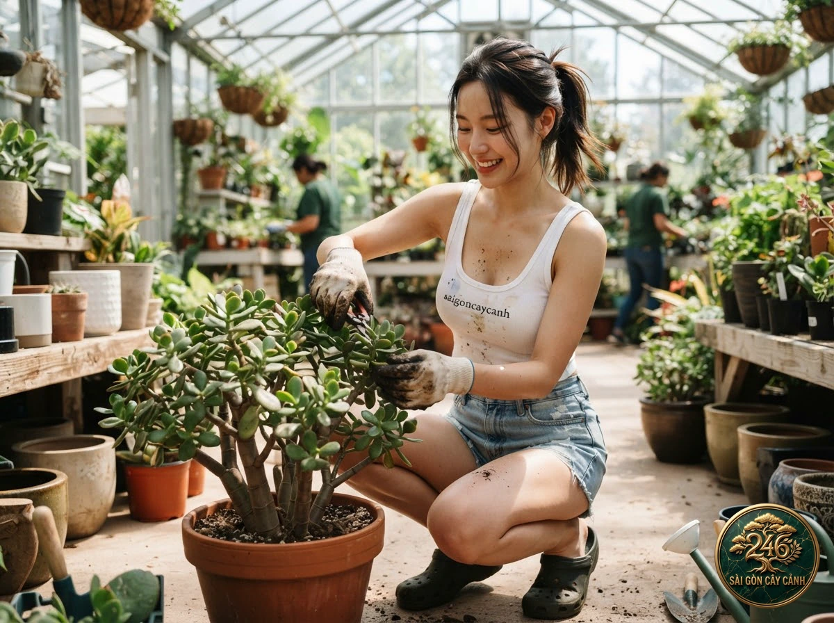 Hands-on plant care moments with October daphne (Sedum sieboldii) at Saigon Cay Canh
