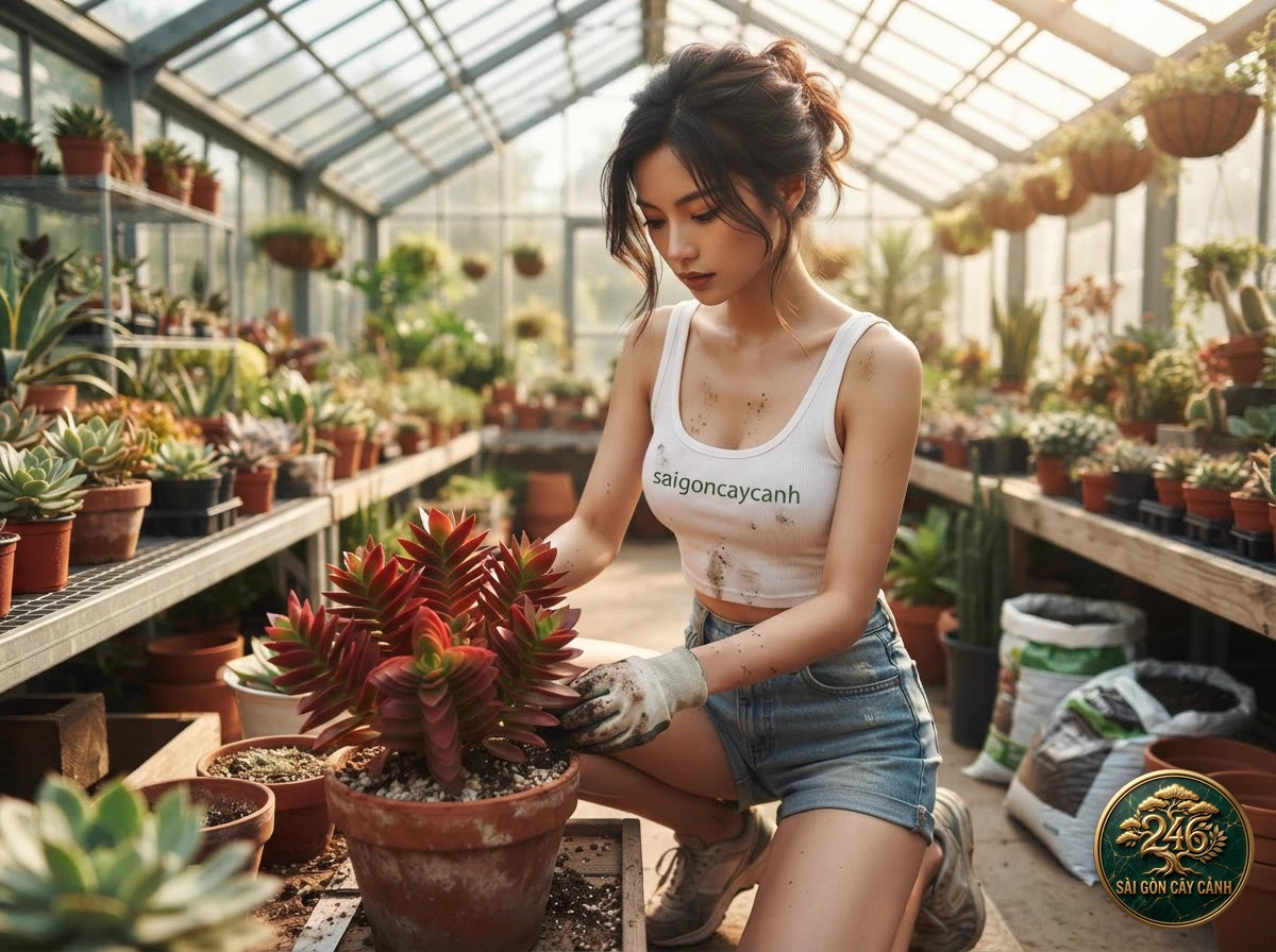Saigon Cay Canh botanical specialist tending to Red pagoda crassula (Crassula capitella)