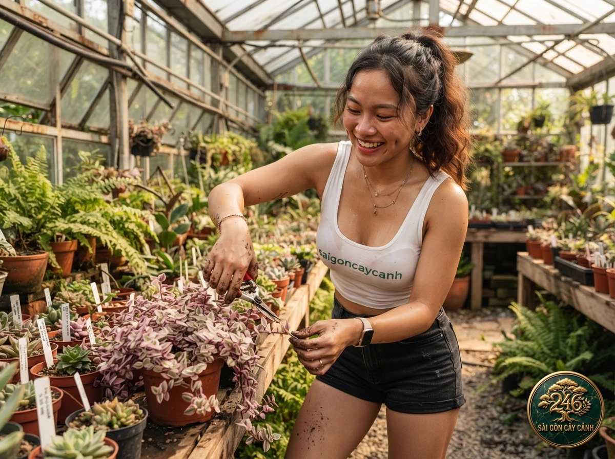 Saigon Cay Canh botanical specialist tending to Calico kitten crassula (Crassula pellucida)