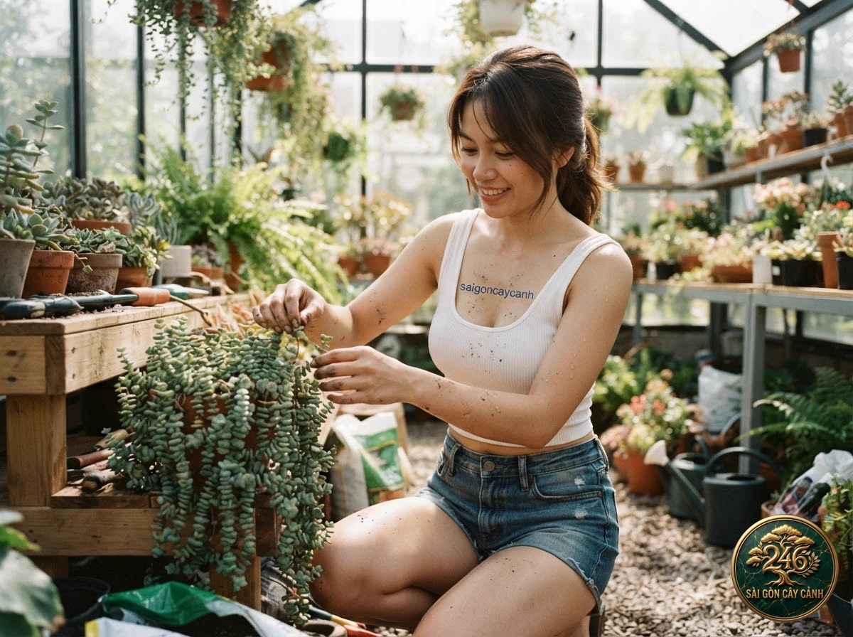 Saigon Cay Canh botanical specialist tending to Rosary vine crassula (Crassula rupestris)