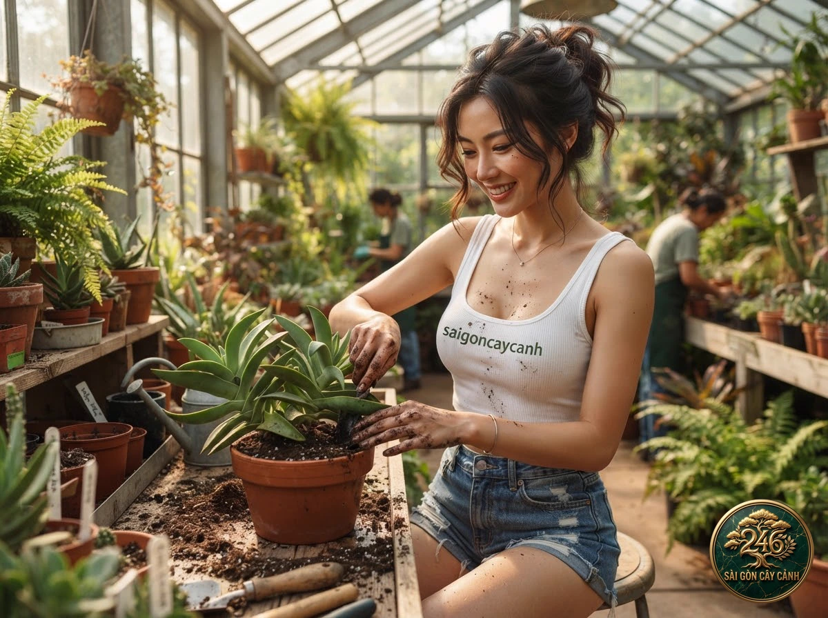 Saigon Cay Canh botanical specialist tending to Propeller plant (Crassula falcata)