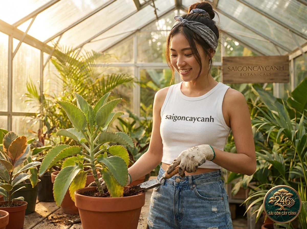 Saigon Cay Canh botanical specialist inspecting Mother of Thousands Kalanchoe daigremontiana